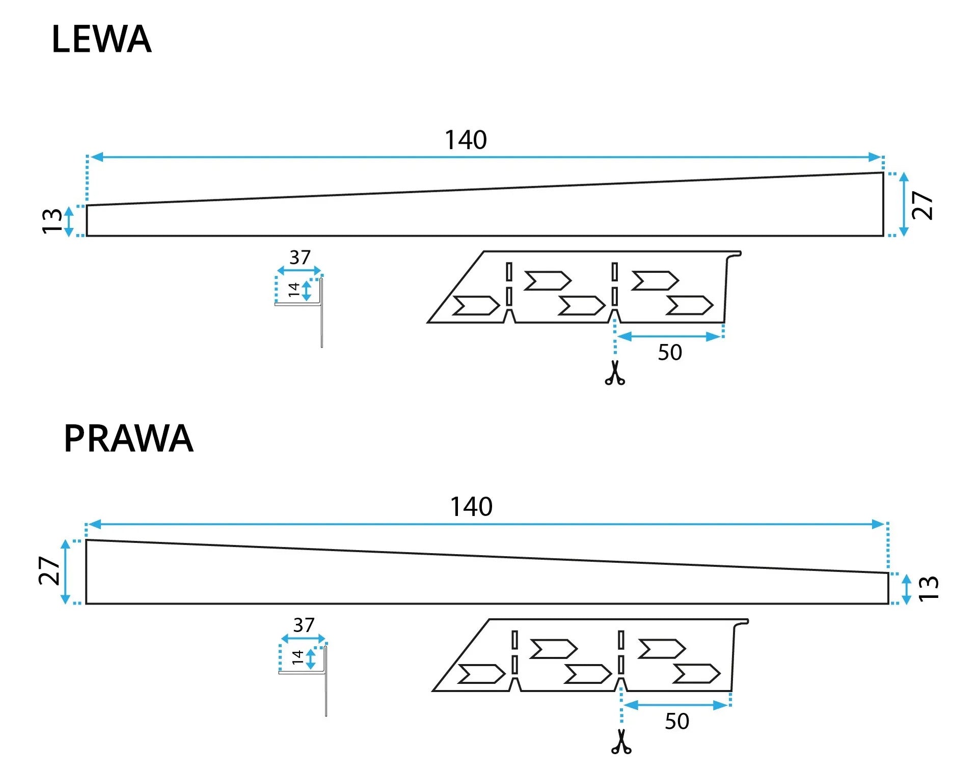 Spádová lišta sprchové vaničky 140cm Zlatá vlevo 10