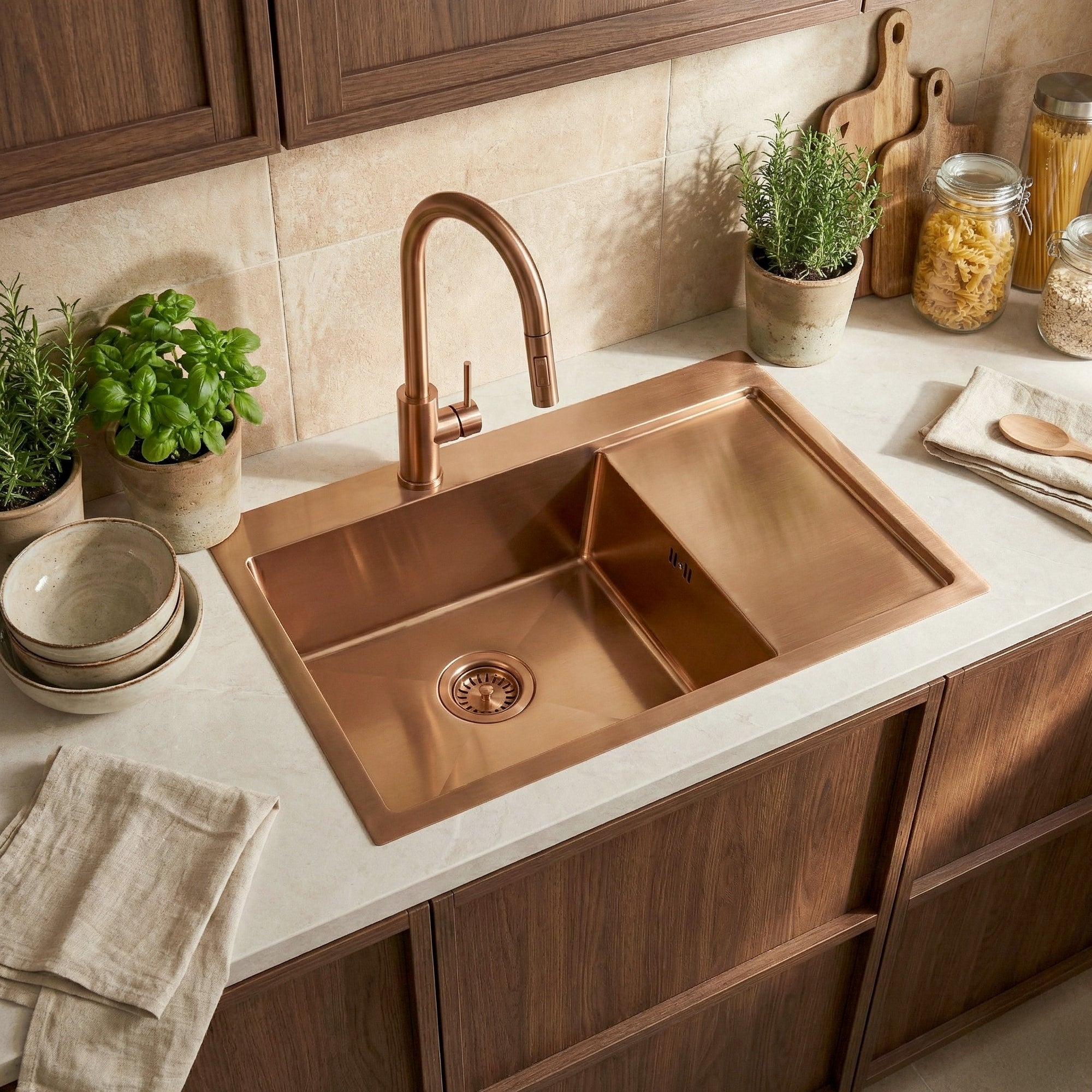 Ocelový dřez Fin BRUSH COPPER s kuchyňskou baterií 1