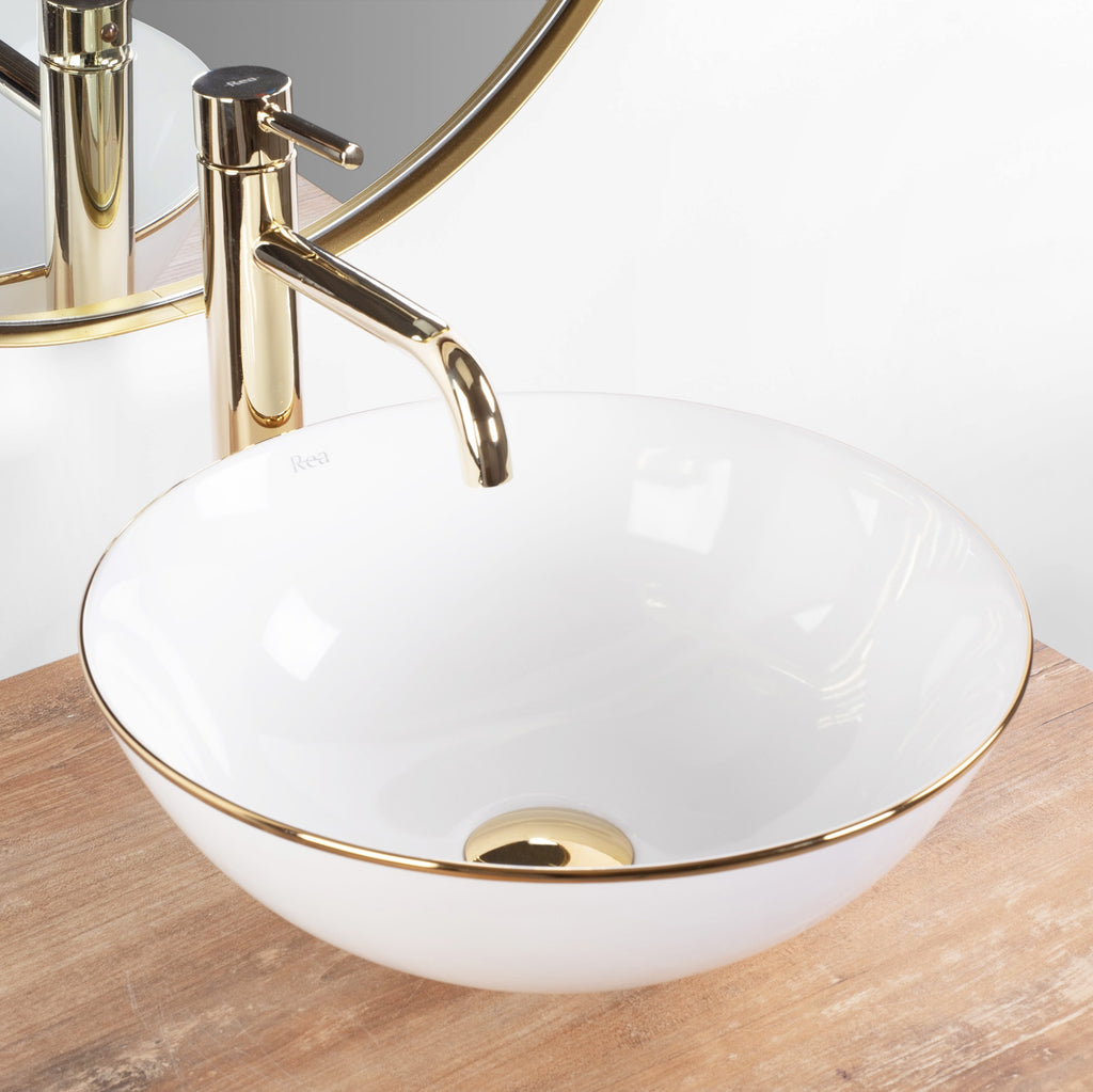 Umyvadlo na desku REA STELLA - bílé gold edge  2