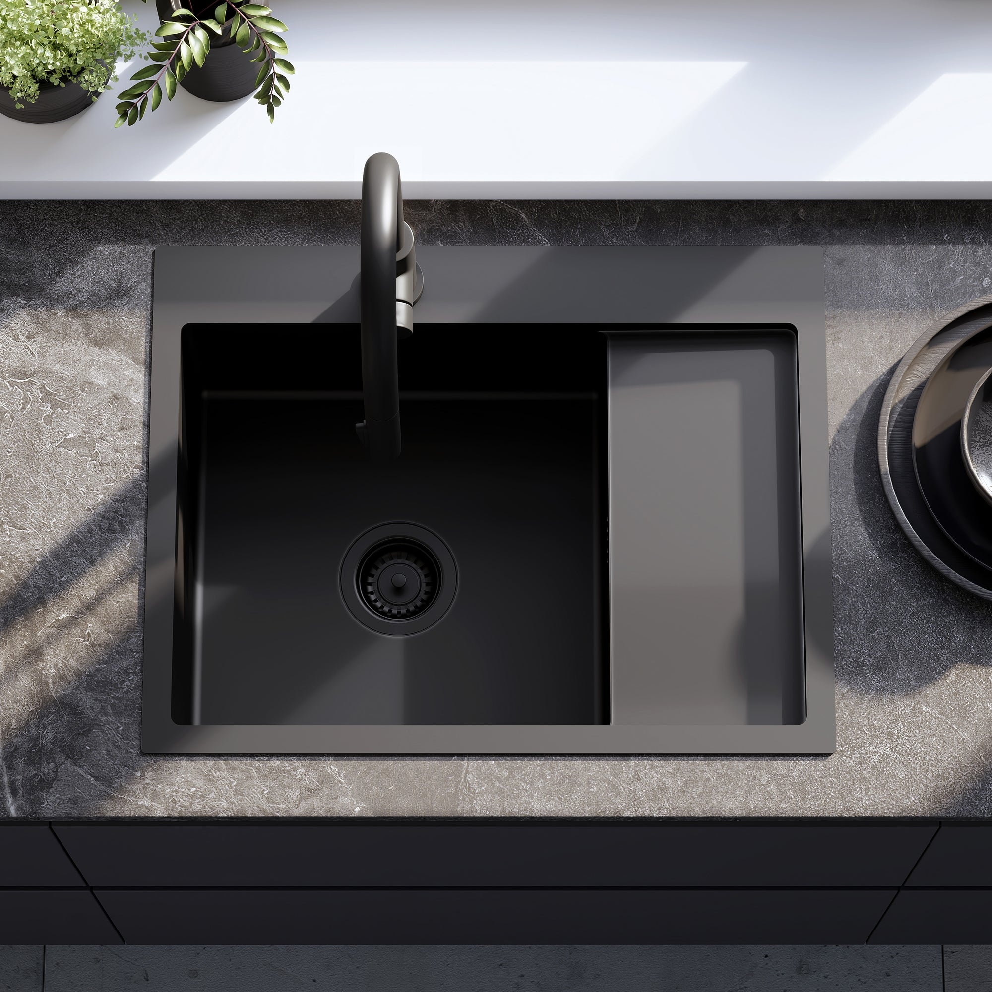 Ocelový dřez Fin Black bez kuchyňské baterie 3