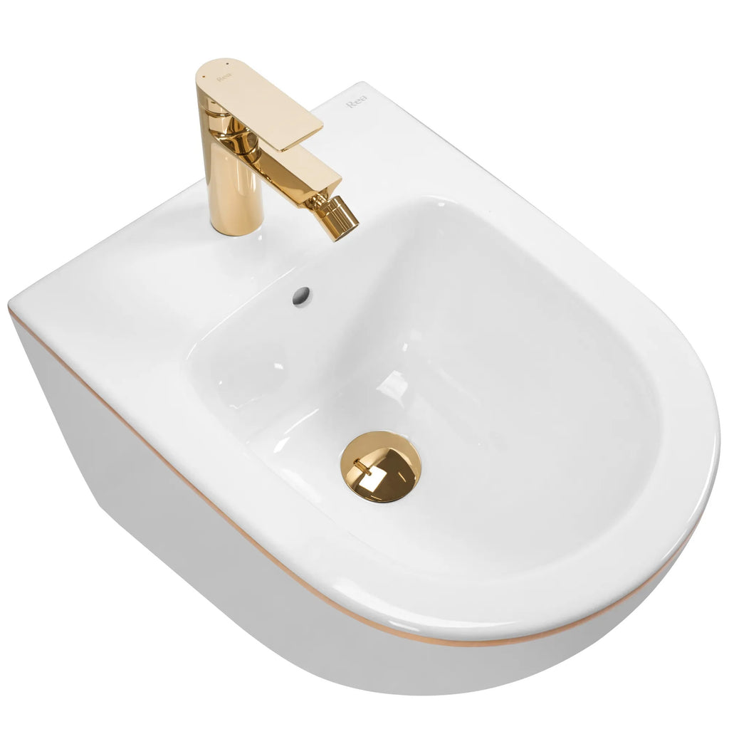 Závěsná WC mísa REA CARLO Mini Rimless - bílo-zlatý  2