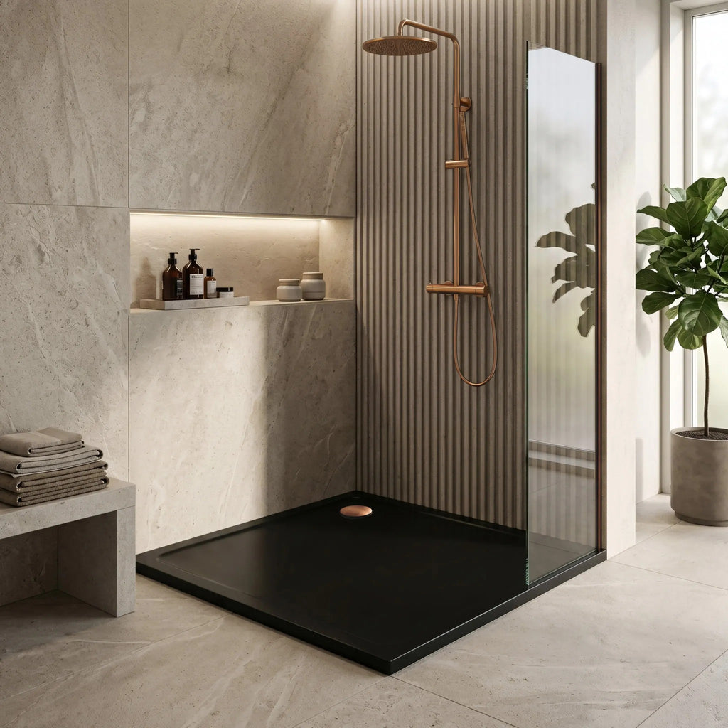 Akrylátová sprchová vanička Rea Savoy černá 90x90 Krytka kartáčovaná měď 5