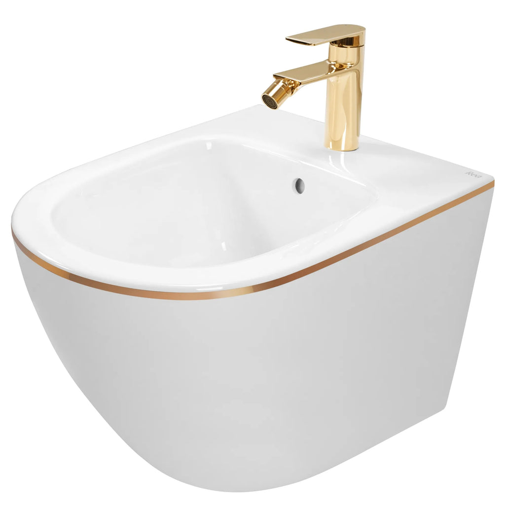 Závěsná WC mísa REA CARLO Mini Rimless - bílo-zlatý  1