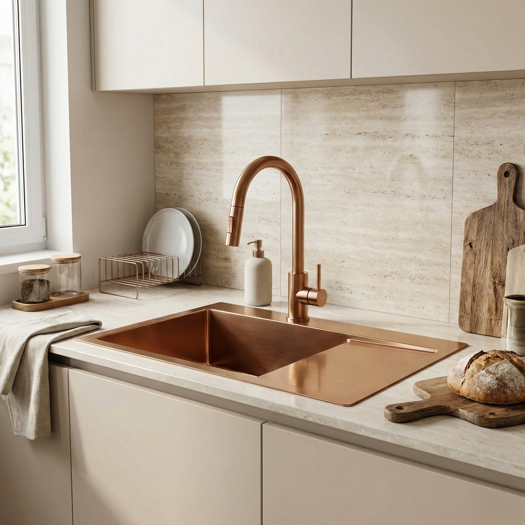 Ocelový dřez Fin BRUSH COPPER s kuchyňskou baterií 5