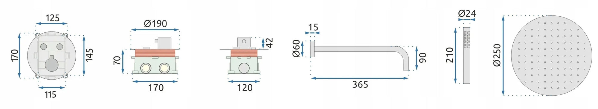 Podomítková sprchová sada LUNGO - zlato + termostat + BOX  7