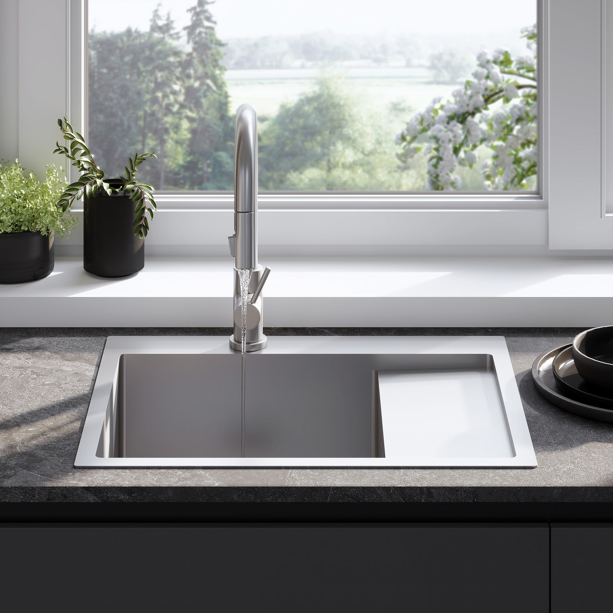 Ocelový dřez Fin BRUSH NICKEL bez kuchyňské baterie 4