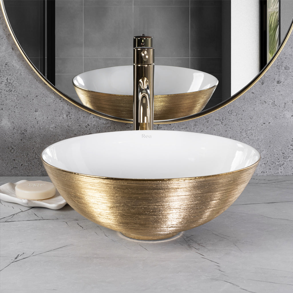 Umyvadlo na desku REA STELLA Gold Brush / White  3