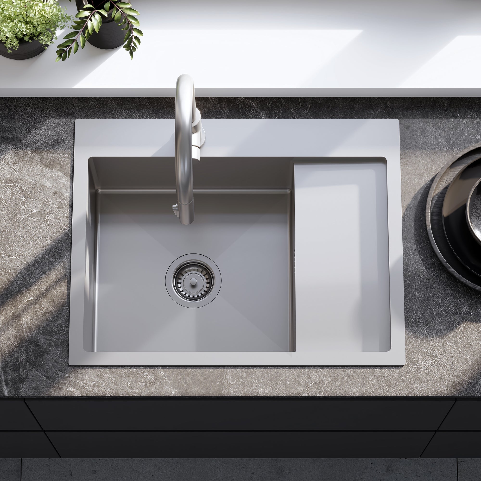 Ocelový dřez Fin BRUSH NICKEL bez kuchyňské baterie 3