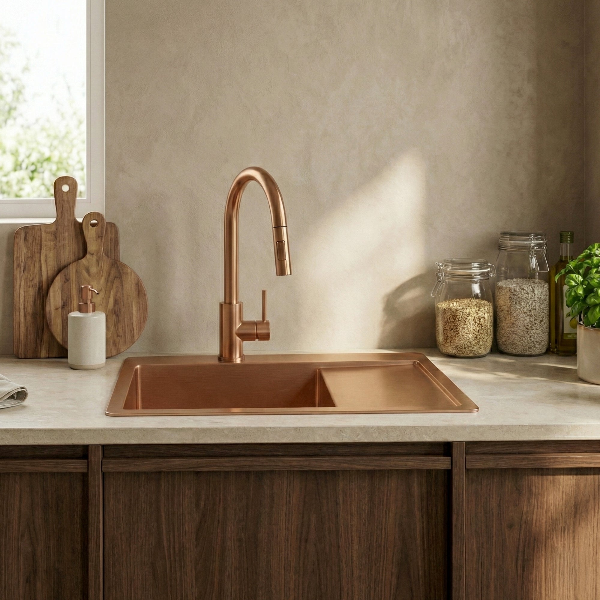 Ocelový dřez Fin BRUSH COPPER s kuchyňskou baterií 4