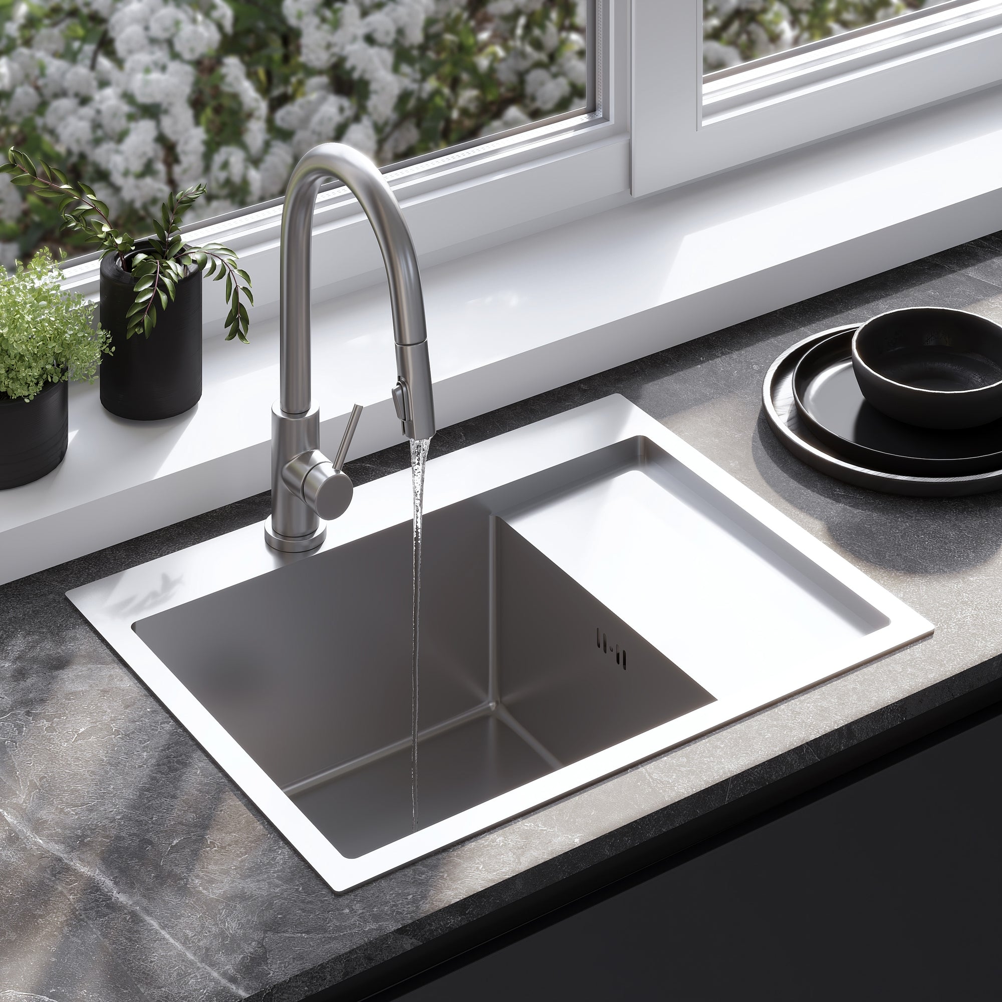 Ocelový dřez Fin BRUSH NICKEL bez kuchyňské baterie 1