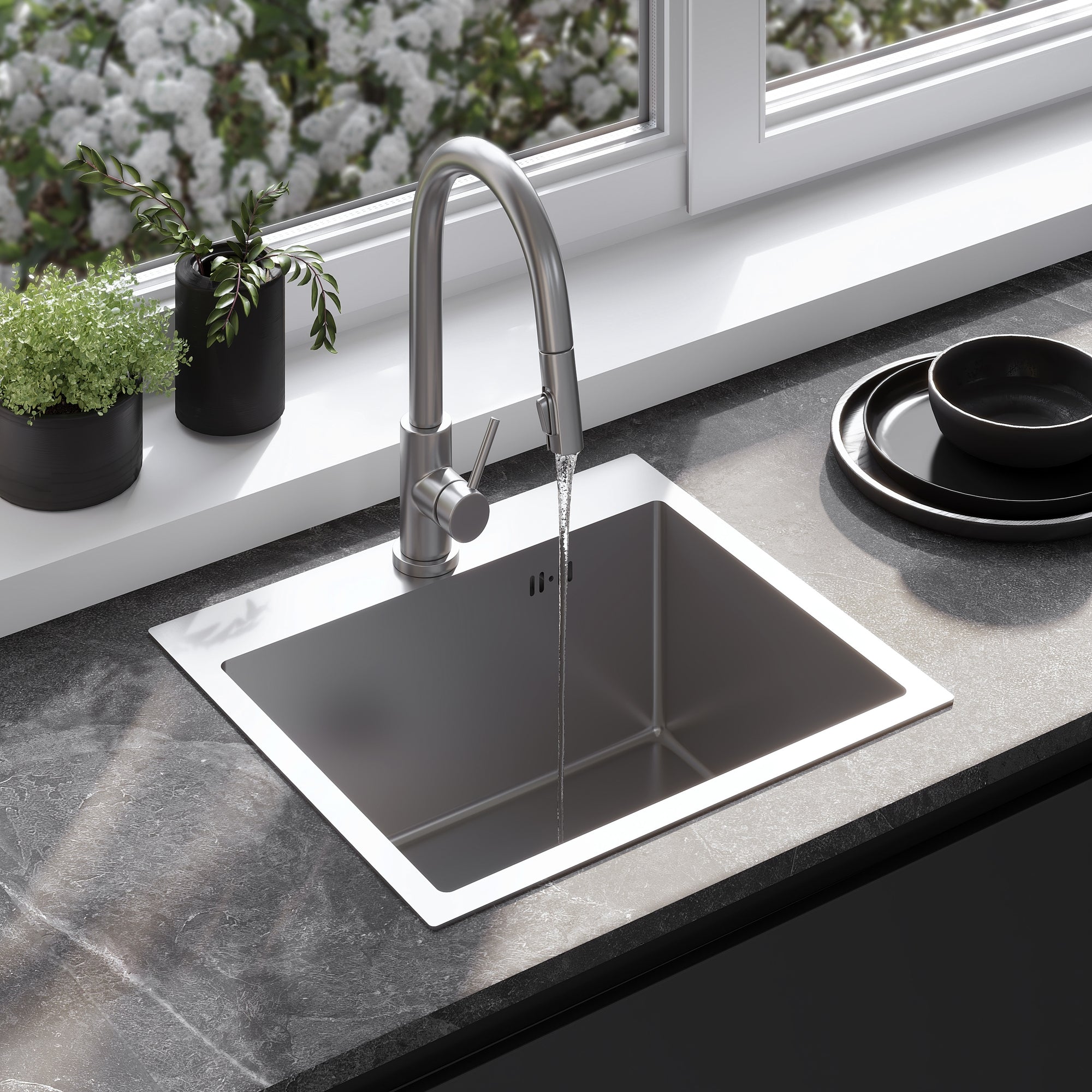 Ocelový dřez Leo 50 BRUSH NICKEL bez kuchyňské baterie 1